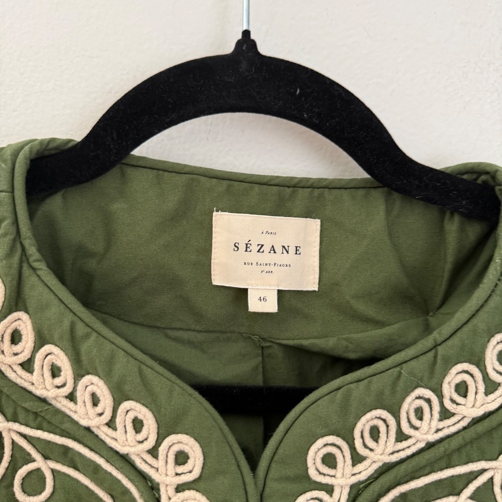 Sezane Embroidered Olive Green Quilted Jacket - Picture 2 of 8